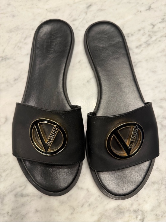 Valentino Shoes - Valentino Women’s Black Leather Slide Sandals with Gold and Black Logo